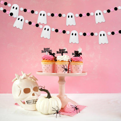 JarThenaAMCS Halloween Felt Banner White 3D Ghost Hanging Garland Black Pink White Pom Ball Banner for Trick or Treat Birthday Home Mantel Wall Window Party Supplies