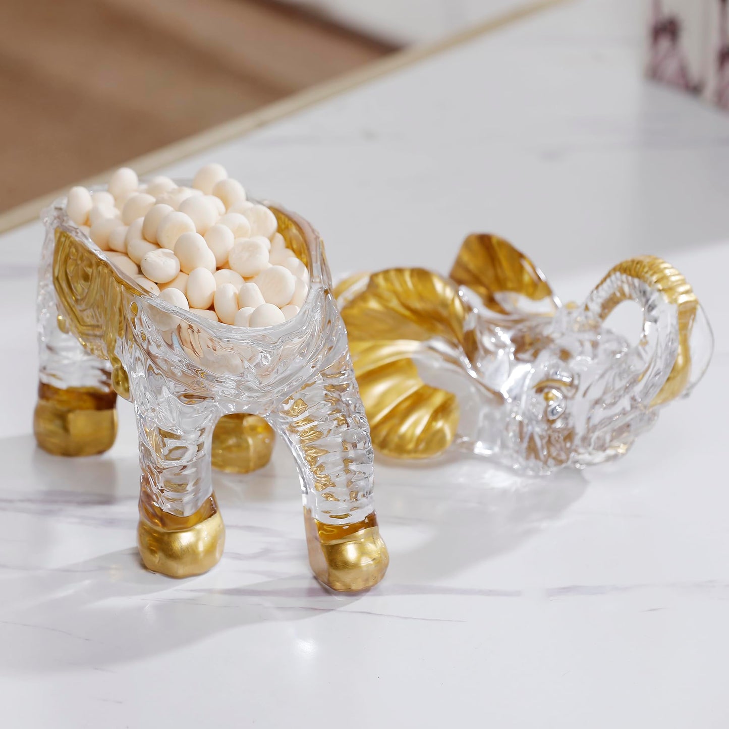 Hand Painted Gold Large Crystal Elephant Candy Jars with Lid, Glass Elephants Candy Dishes Gifts for Elephant Lovers, Sparkling Art Animals Collectible Decoration for Home Table Centerpiece.