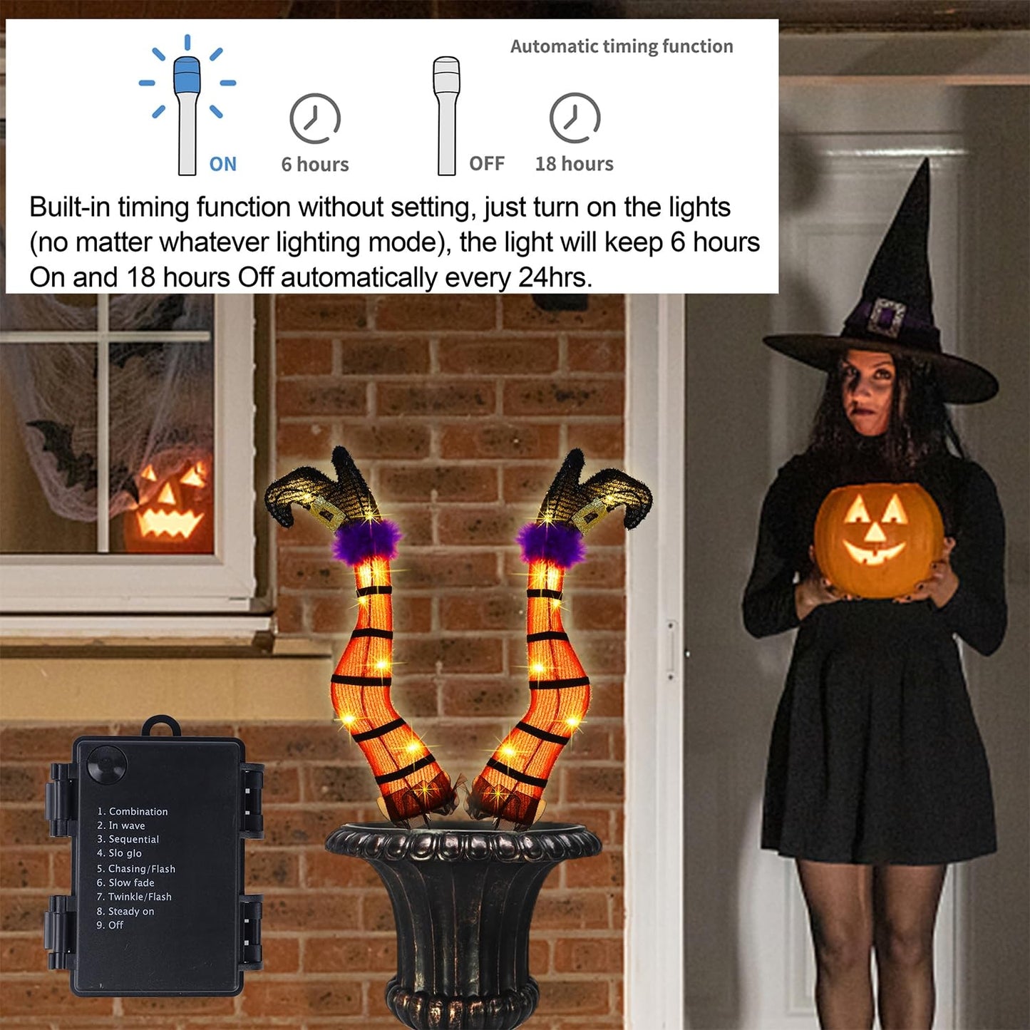 Juegoal Set of 2 Halloween Lighted Wicked Orange Witch Legs with Stakes, 22" Light Up Tinsel Halloween Yard Sign Prop Timer & 8 Modes, Battery Operated for Outdoor Party Haunted House Garden Decor