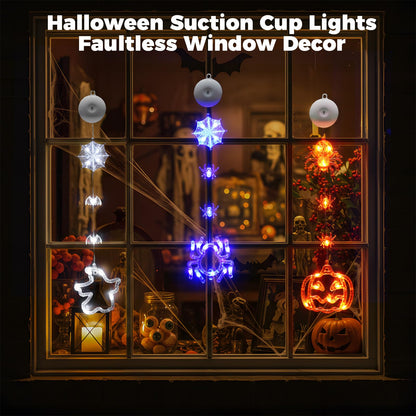 suddus Halloween Window Lights - 3 Pack Battery Operated with Timer - Orange Pumpkin, Purple Spider & White Ghost Decorations