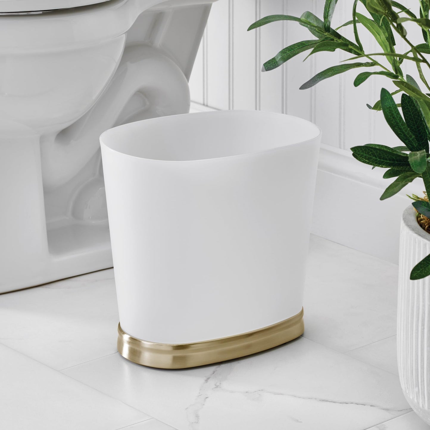 iDesign Slim Bathroom Trash Can, Small Plastic Garbage Can for Bedroom, Office, Desk, or Dorm, Frost/Soft Brass