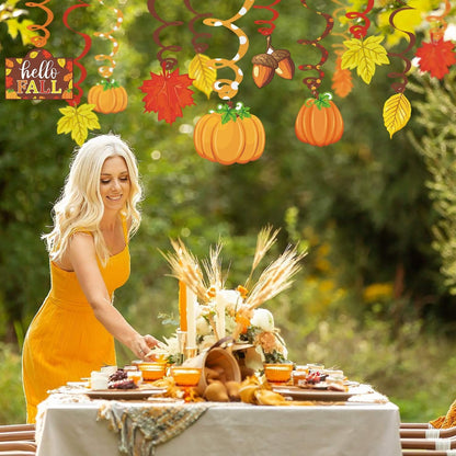 36CT Autumn Hello Fall Party Hanging DecorationsFoil Swirls Pumpkins Maple Leaves Acorns Harvest Thanksgiving Photo Props Ideas Ceiling Door Whirls Streamers Supplies