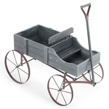 FIREFLOWERY Wooden Wagon Planter, Decorative Flower Pots w/ 2 Planting Sections, Wheels & Handle, Rustic Farmhouse Garden Planter Box for Patio, Yard, Porch (Grey)