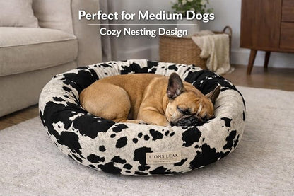 Round Dog Bed – Natural Canvas, Removable Washable Cover, Raw Cotton or Latex Fill, Hypoallergenic Non-Toxic, Made in USA (Cow Print Black White, Medium, Soft Comfort – Organic Latex)