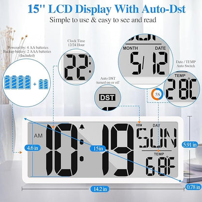 Large Digital Wall Clock with Backlight 15.2 Inch Digital Alarm Clock for Bedroom Wall Clocks Battery Operated Large Display with Temperature Desk Clocks for Office Living Room Decor