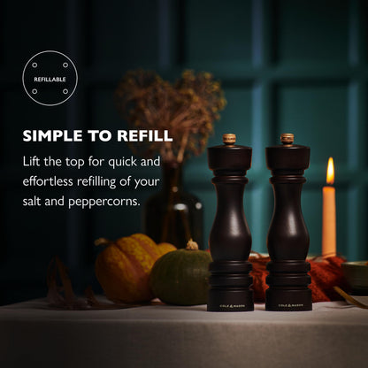 Cole & Mason London Refillable Spice Mill - Kitchen & Home Accessory - Salt & Pepper Grinder Set - Salt Mill with Ceramic Mechanism - Pepper Mill with Carbon Steel Mechanism - 8", Chocolate Wood