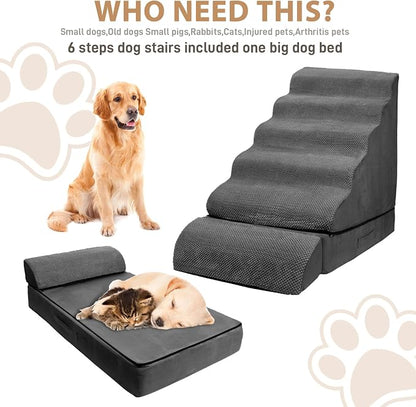 Dog Stairs for High Beds 30-36 inches Tall, 6-Step Pet Stairs/Steps for High Bed 32-36 inches for Small Large Dogs, Foam Dog Steps for Beds for Old Dogs/Cats, Dark Grey