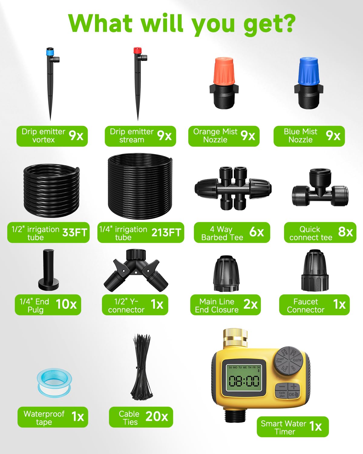 MQJIAZHI 246FT Drip Irrigation System with LCD Timer, Automatic Watering System Kits,1/2 Inch Hose 1/4 Inch Distribution Tubing 3 Sprayer Types, for Garden, Greenhouse, Garden, Lawn