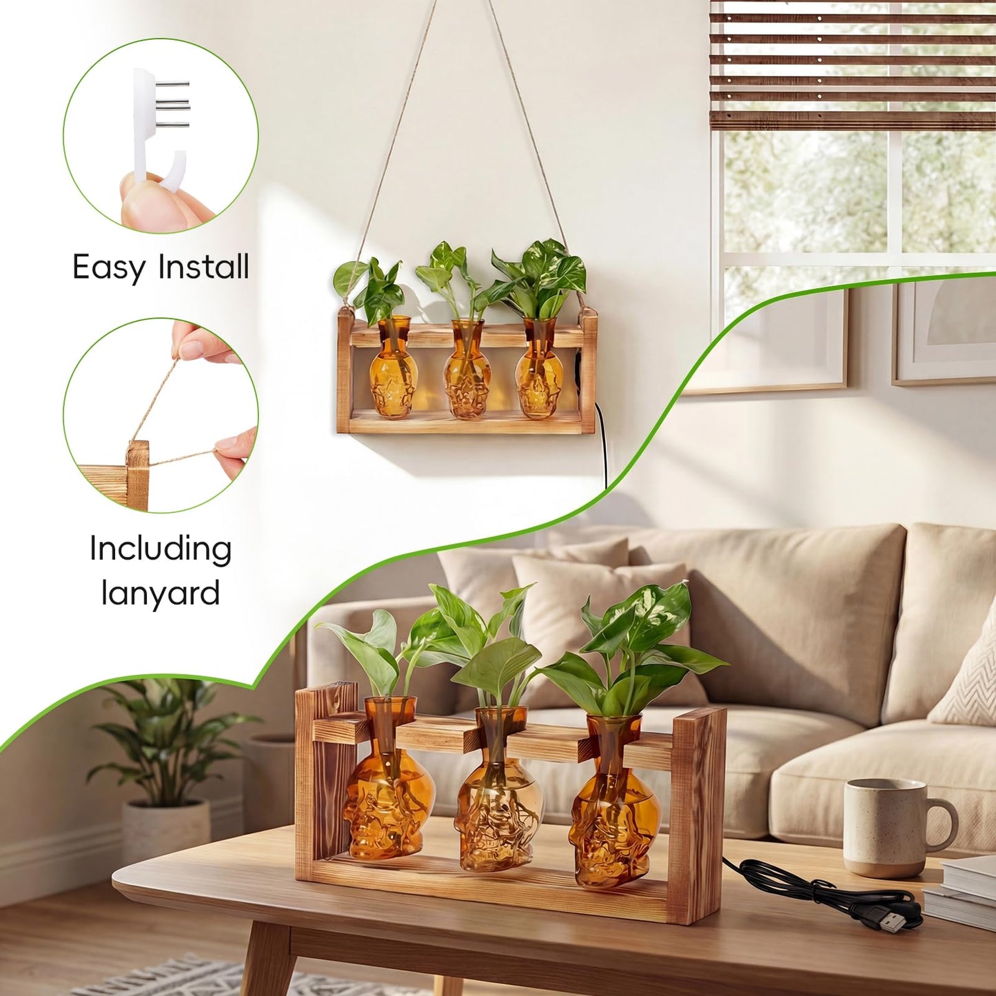 Skull Plant Propagation Station with LED Lights - Halloween Decor Skull Planter, Hydroponics Pot for Office, Unique Gifts for Women & Plant Lovers(Amber)