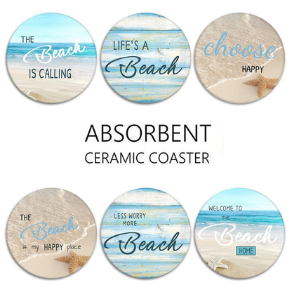 Britimes Coaster for Drinks Set of 6, Beach Shell Antique Teal Blue Table Absorbent Round Ceramic Stone Mat, with Cork Base and Metal Holder, Gift for Housewarming Room Bar Decor