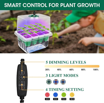 MQHUAYU 60-Cell Self Watering Seed Starter Tray with Grow Light, 5-Pack Reusable Seed Starter Kit with Soft Silicone, Plant Germination Trays with Humidity Dome for Seeding Planting Growing