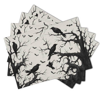 Crow Halloween Placemats Set of 4 18x12 Inch Ravens and Bats in Forest Linen Place Mats Heat-Resistant Washable Wipeable Holiday Table Mat for Party Kitchen Dining Room Dinner Table Decor