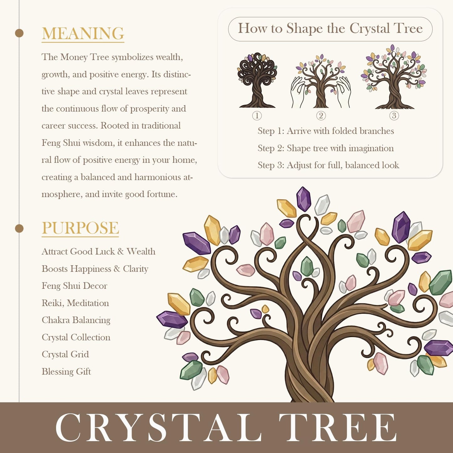 TUMBEELLUWA Reiki Crystal Money Tree with Agate Slice Base Feng Shui Stone Bonsai Tree Figure Decor for Happiness Good Luck and Wealth, Rose Quartz