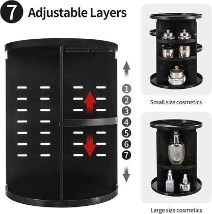 seinlife 360 Rotating Makeup Organizer,DIY Adjustable Spinning Holder,Foldable Cosmetic Storage Display box,Large Capacity Make up Caddy Shelf,Fits Countertop Vanity and Bathroom (BLACK)