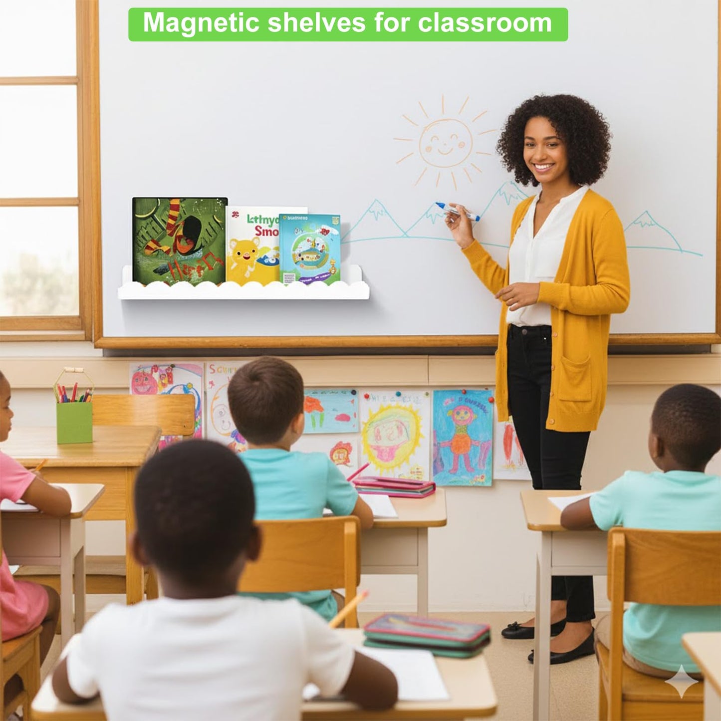 luniteling 2 Pack Magnetic Book Shelf for whiteboard,12.5LBS Holder Acrylic Scalloped Floating Shelves,16.73"x2.56"x2.76 Magnetic Floating Shelf for Classroom, Home & Office & Refrigerator Use(White)