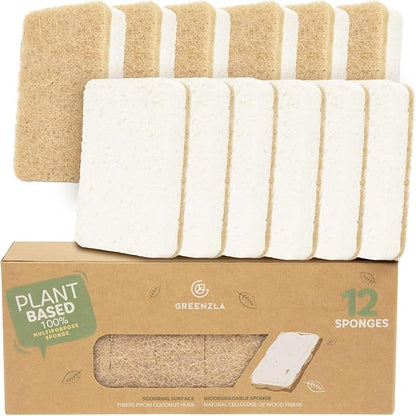 Greenzla 12 Pack Kitchen Sponges, Plant-Based Dish Sponges, Non-Scratch Sisal Hemp Scouring Pads for Dishes, Countertops, Bathtubs, and Tiles