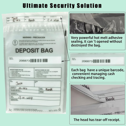 Plastic Deposit Bags 200-Pack Clear 9.5''x 15'', Security Bank Deposits Bags,Cash register bags,Money bag for Cash,Bank Pocket,Tamper-Evident Bag,Unique Barcode