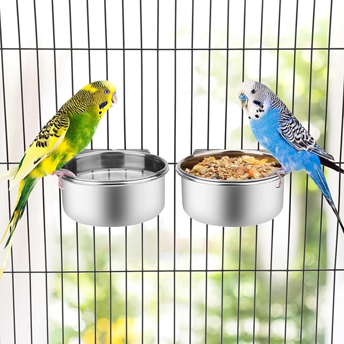Wontee Pet Food Water Bowl with Clamp Holder Stainless Steel Feeding Cups Feeder for Dog Bird Parrot Cat Rabbit, 2 Packs (S)
