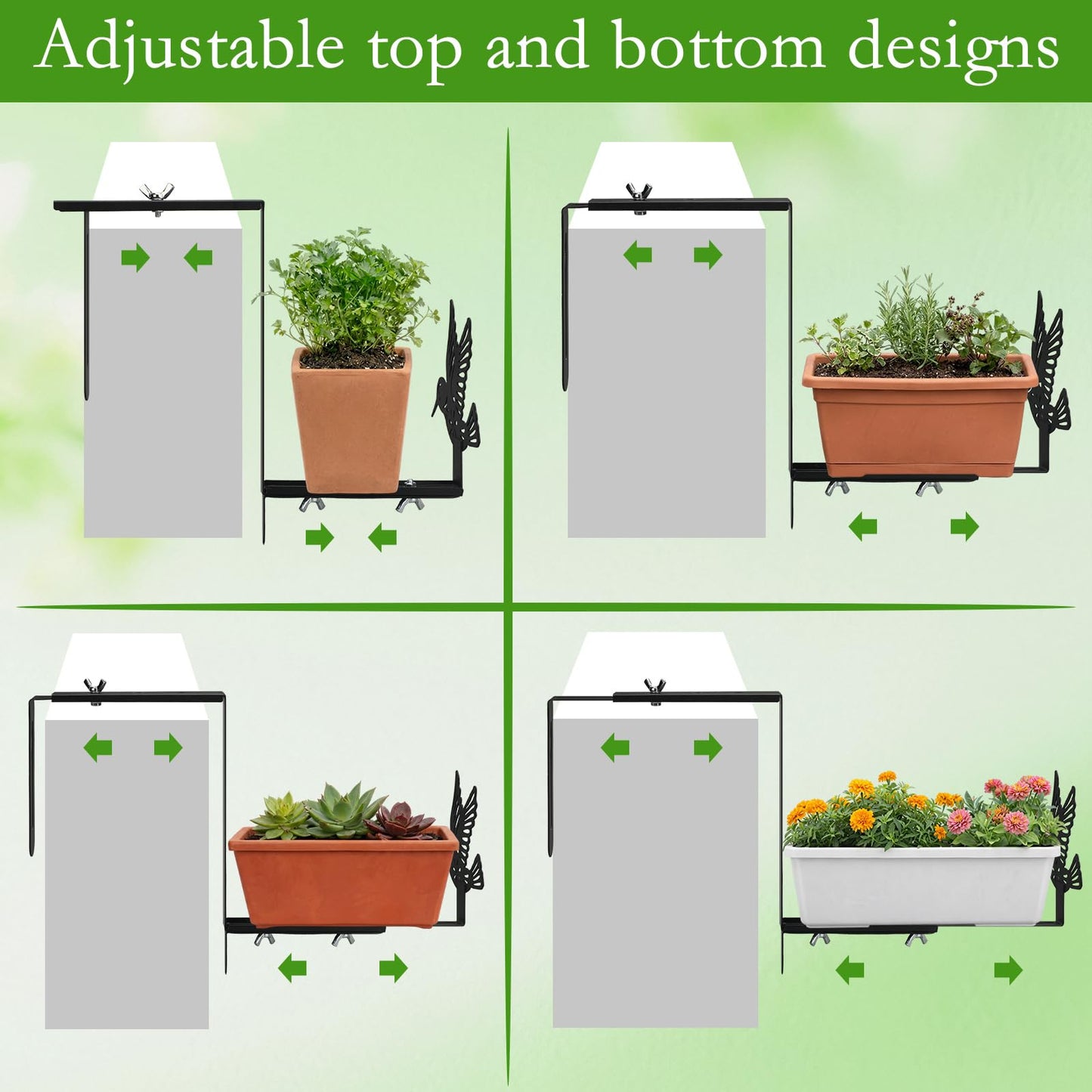 Chumia 4 Pcs Window Box Brackets Adjustable Planter Box Brackets for Railing with Hummingbird Heavy Duty Iron No Drill Flower Pot Holders for Outdoor Fence Balconie Patio Garden