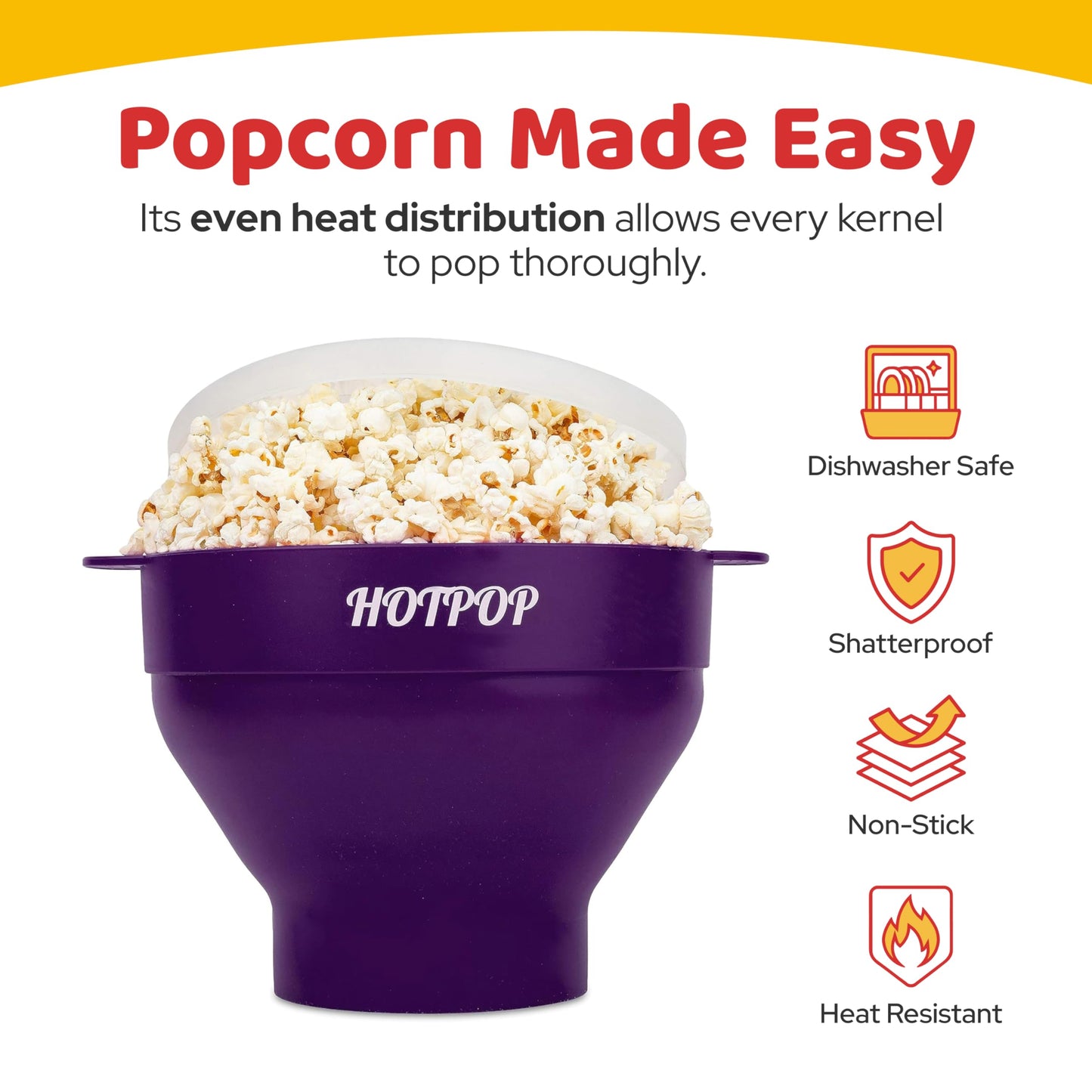 The Orginal HotPop Silicone Popcorn Maker - Microwave Popcorn Popper with Handles - Collapsible Bowl, Heat-Resistant, Easy to Clean, Ideal for Family Movie Nights, 15-Cup Capacity - Red