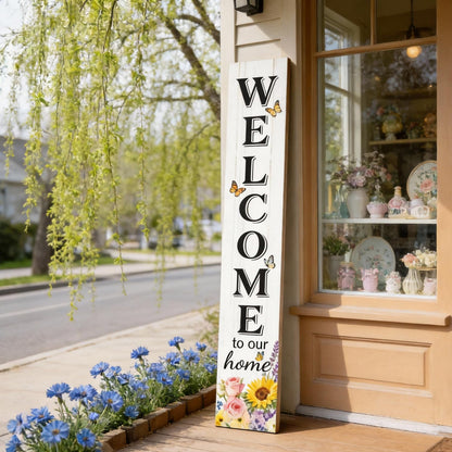 Welcome Sign for Front Door, Large 47 inch Wood Framed Welcome to Our Home Sign with Spring Flower Print & Hanging Rope, Vertical Farmhouse Wooden Board Standing for Outdoor Yard Patio