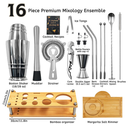 Daily Treasures Professional Cocktail Shakers Set with Bamboo Display Stand & Margarita Salt Rimmer,16-Piece Bartender Kit for Home Bar,825ml / 28oz Boston Shaker, Mixology Bartender Kit Bar Tool Set