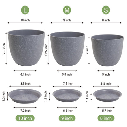 WSMKSZ 10/9/8 inch Plant Pots, Set of 3 Modern Decorative Plastic Planters with Drainage Holes and Saucers for Garden House Plants, Flower Pots for Indoor Outdoor Plants, Speckled Grey