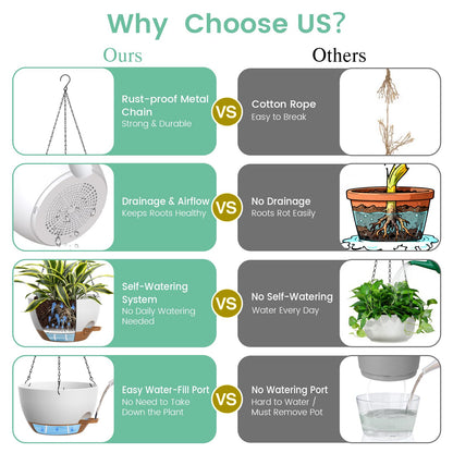 UOUZ Set of 3-10 Inch Self Watering Hanging Planters for Indoor Outdoor，Hanging Plant Pots with Drainage & Removable Tray, Hanging Pots Holder for Pothos Plant, Ferns, Balcony & Patio,White with Brown
