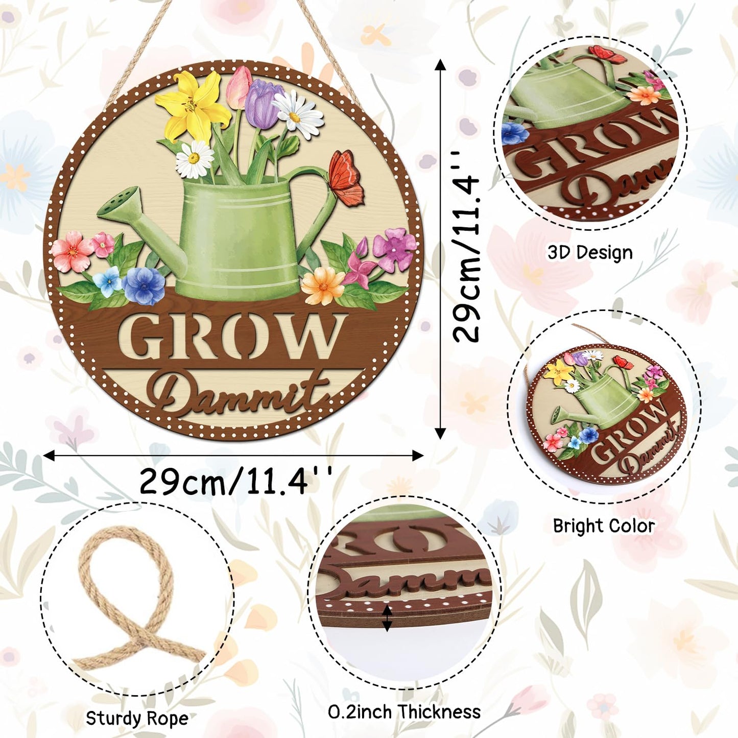 HOURIA 3D Grow Dammit Sign(11.4”x11.4”), Garden Wooden Decor,Funny Gardening Gifts for Women Men Gardeners