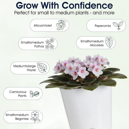 Douaowoc 8 Pack 4" Self Watering Pots for Indoor Plants, Clear Inner Cup, Small White Plastic Planters, Water Level Indicator, Drainage Holes, Extra Wick, Cuttings, Seedlings, African Violets
