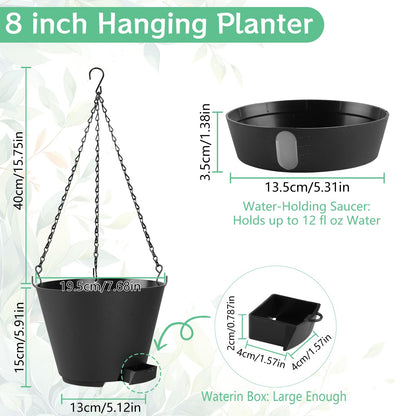 8 Inch Hanging Planters Indoor Outdoor, 3 Pack Plastic Self Watering Plant Pots with Drainage Holes & Saucers, Hanging Baskets Flower Pots with Chain for Ivy, Spider Plant, Pothos, Ferns