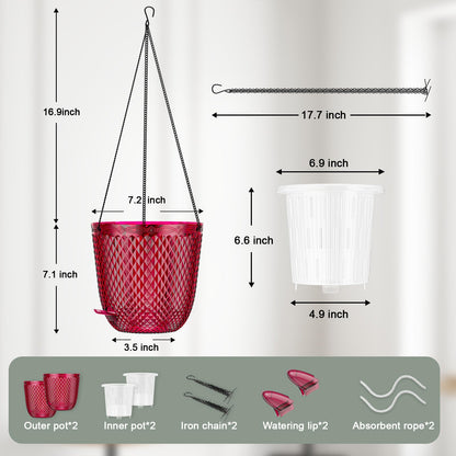 QCQHDU Hanging Planters for Indoor Plants, 2-Pack 7.2 Inch Self Watering Hanging Pots, Plastic Plant Hanger with Drainage Holes and 3 Hooks Chains for Garden Home (Red)