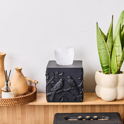 Black Marble Relief Birds Square Tissue Box Cover Decorative,Resin Heavy Sturdy Tissue Box Holder, Facial Paper Holder for Bathroom Vanity Countertop, Bedroom Night Stand,Office and End Table