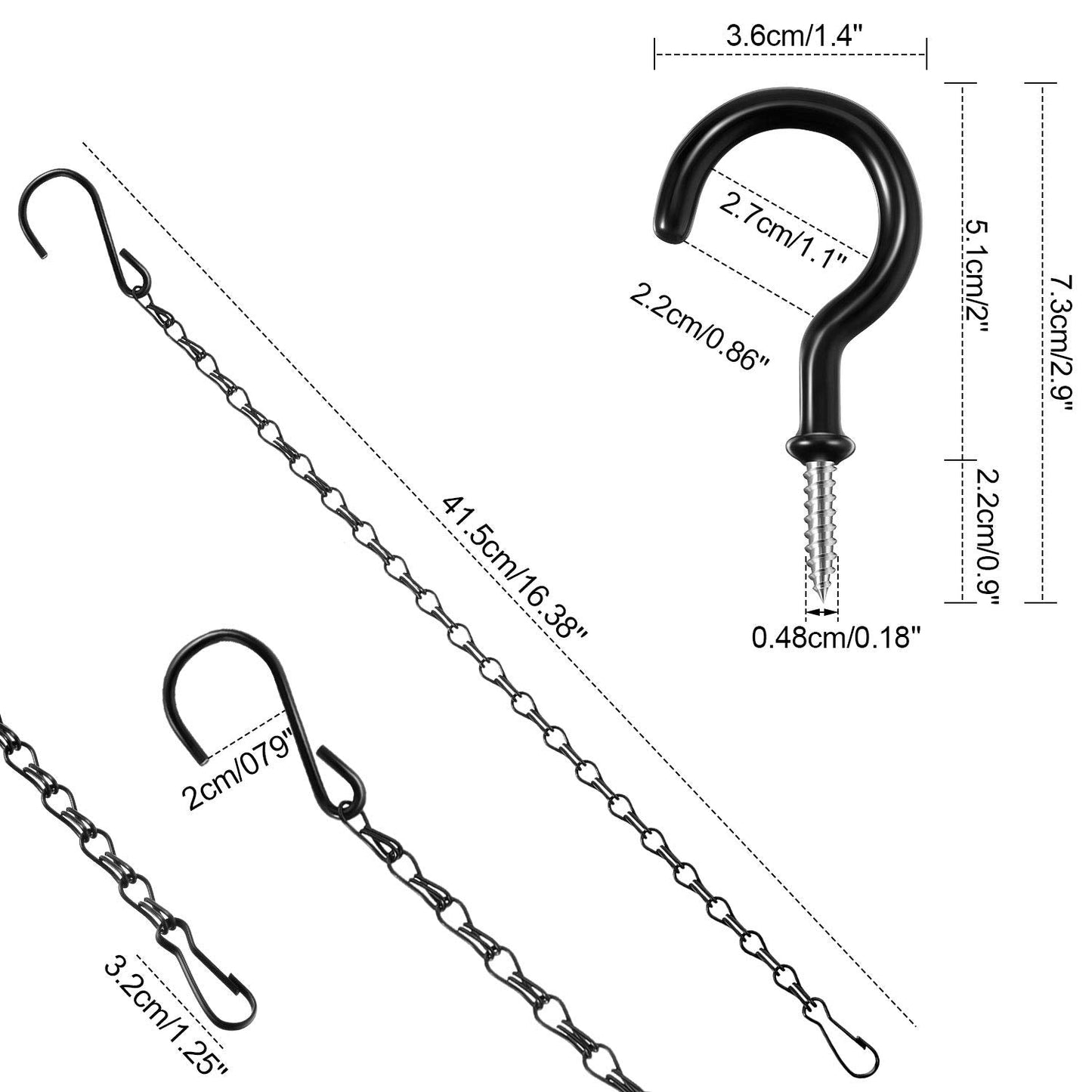 Hotop 8 Pcs Metal Hanging Chains with Ceiling Hooks, Garden Plant Hangers for Hanging Bird Feeders, Billboards, Chalkboards, Basket, Planters, Lanterns, Wind Chimes, Chain Hook DIY(16.38 Inch,Black)