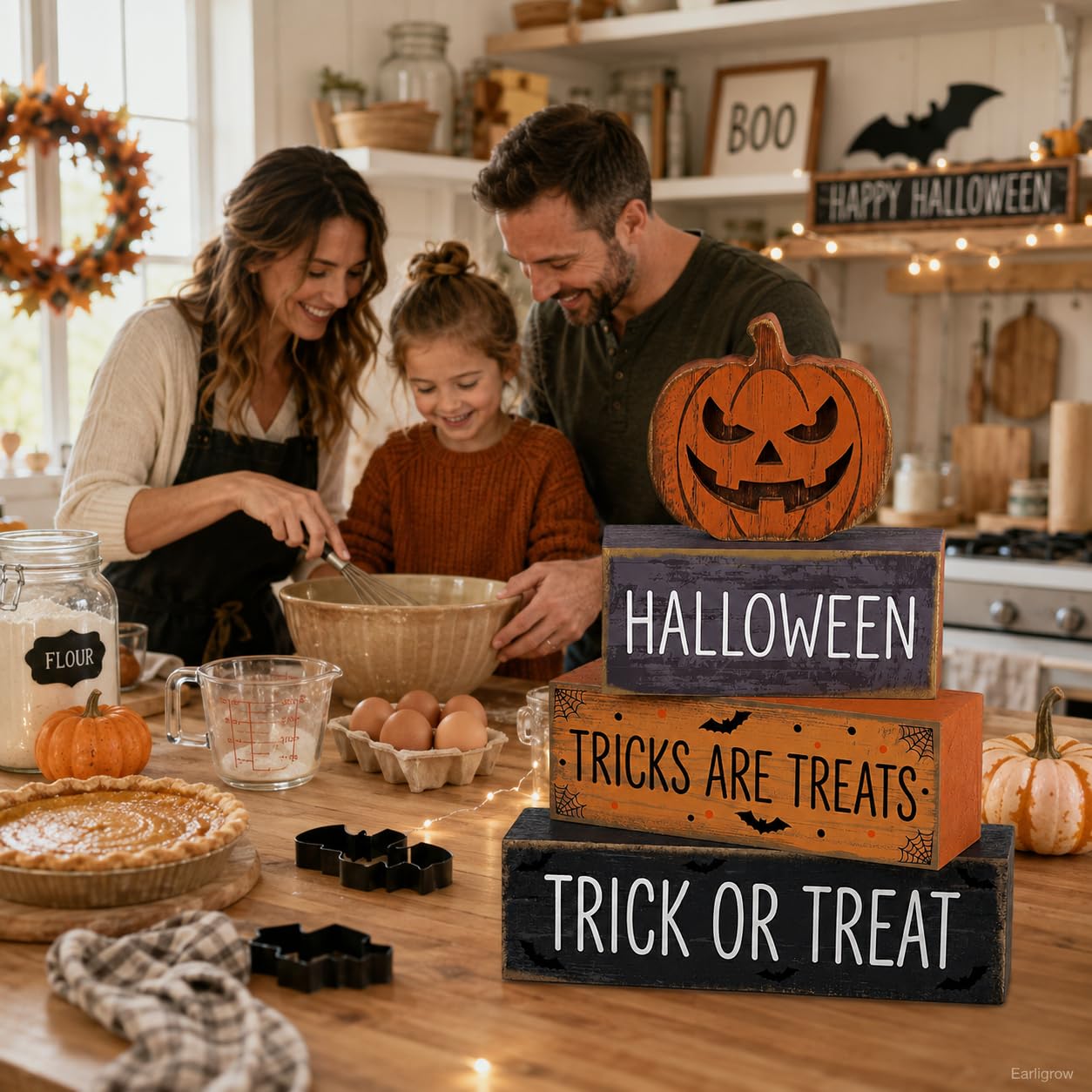 4 Pcs Halloween Decor, Trick or Treat Tiered Tray Decorations, Wooden Block Signs with Jack-O-Lantern, Tricks are Treats Farmhouse Rustic Table Centerpiece for Home Shelf Kitchen Coffee Bar