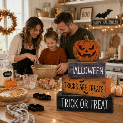 4 Pcs Halloween Decor, Trick or Treat Tiered Tray Decorations, Wooden Block Signs with Jack-O-Lantern, Tricks are Treats Farmhouse Rustic Table Centerpiece for Home Shelf Kitchen Coffee Bar