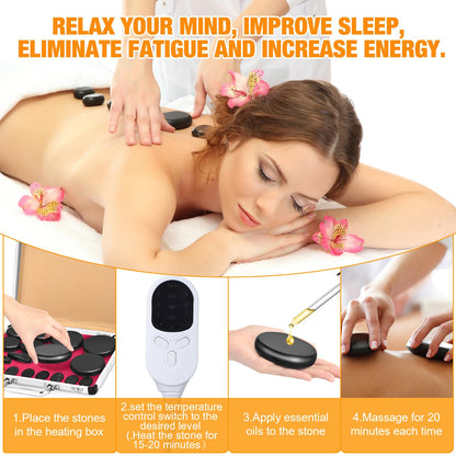 Yunsailing 18 Pcs Hot Stones Massage Set with Electric Heater Box 110v Basalt Massage Rock Kit for Professional Home Spa Warming Relaxing Relief, Constant 50°c (122°f)(Adjustable Temperature)