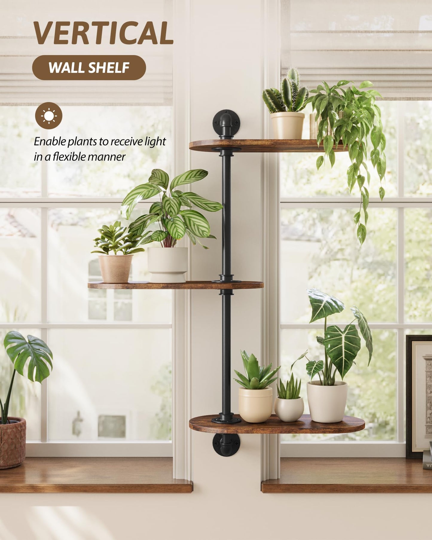 GENTINGBRO Window Plant Shelves 3-Tier Rotating Plant Stand Industrial Window Plant Shelf Wood Wall Mount Decorative Enhanced Indoor Plants Light Exposure Gift Idea for Plant Lovers