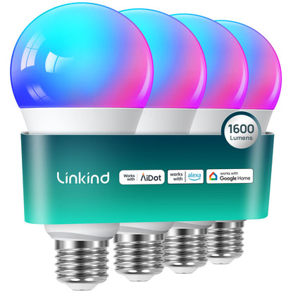 Linkind Smart Light Bulbs, 1600LM (100W Equivalent) Smart Bulb, Work with Alexa & Google Home, RGBTW Color Changing Bulb Music Sync, 2.4GHz Wi-Fi & Bluetooth, LED Alexa Light Bulbs 14W, A21 E26, 2Pack