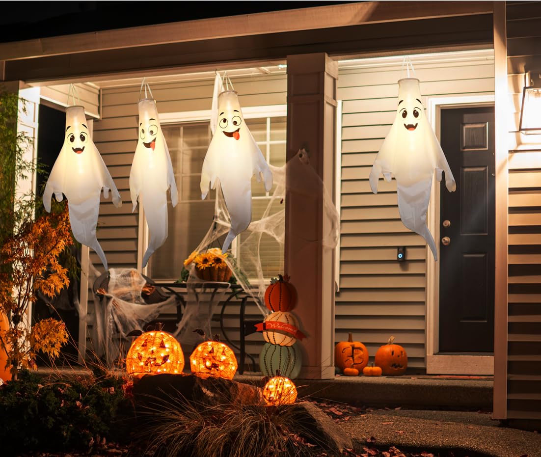 Halloween Ghost Decorations Outdoor: with Timer, 2 Pcs Cute Hanging Ghost for Tree Porch Garden Yard, Waterproof LED Ghost Halloween Decor