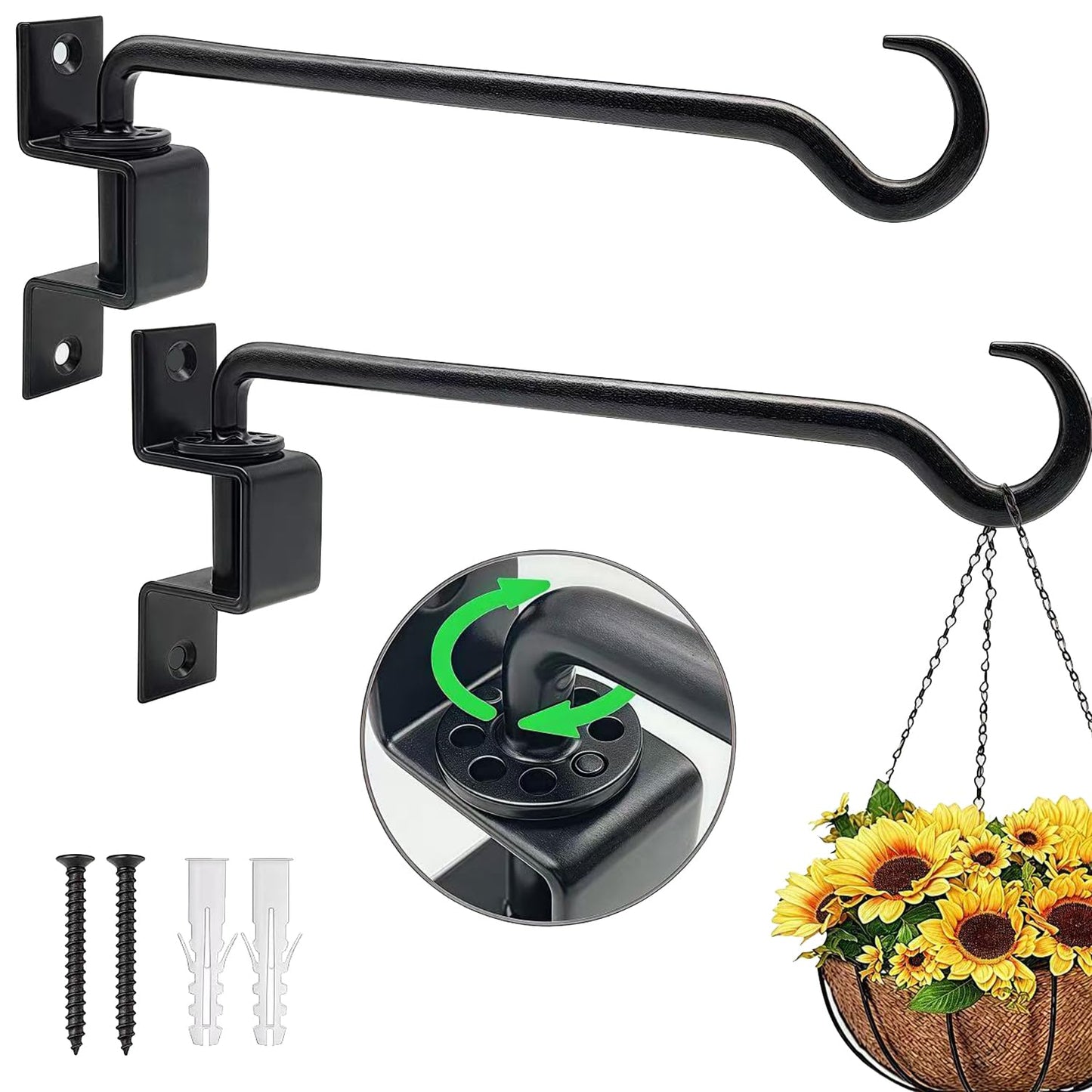 jinsuozhi 12 Inch Metal Hanging Plant Holder, 2 Pack Swivel Plant Hangers Outdoor Heavy Duty, Plant Wall Hanger, Plant Hanger Bracket, Outside Plant Hook for Hanging Flower Baskets, Black