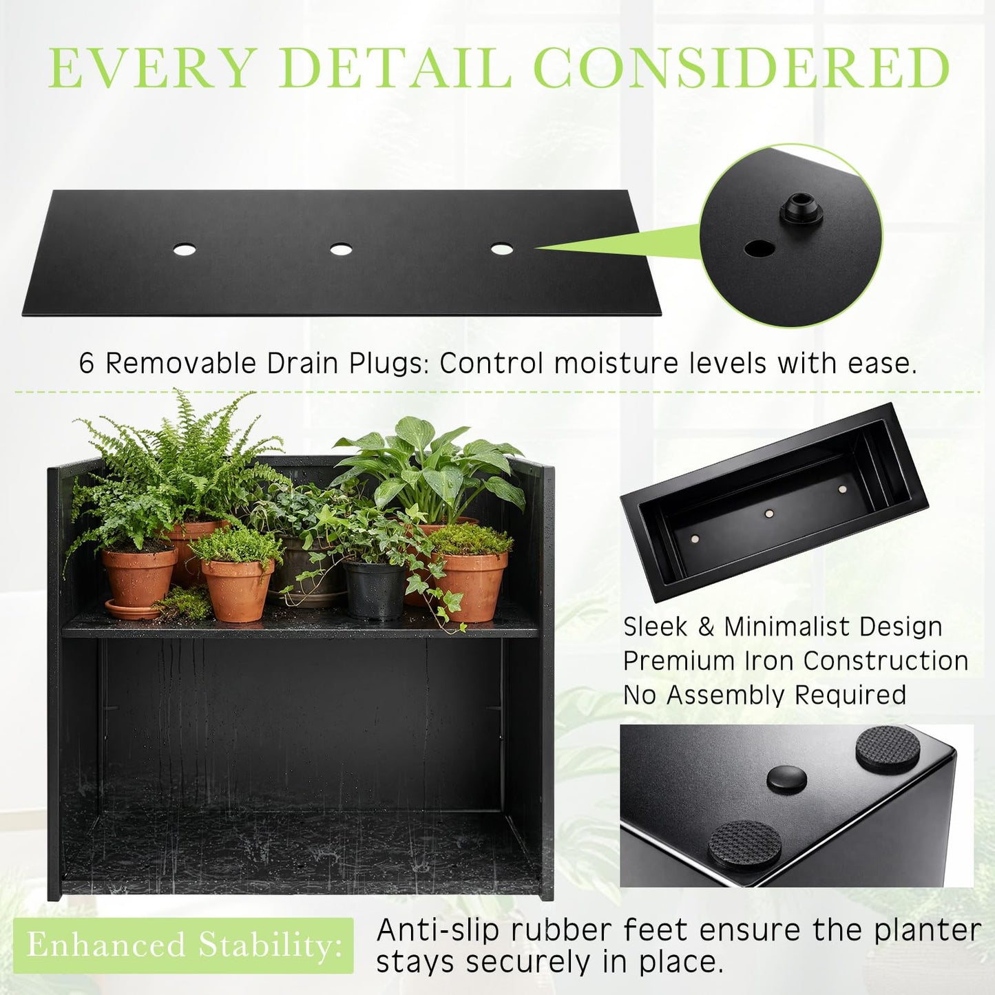 Novabright Deep Metal Planter Box 12" L x 4.5" W x 10" H - Rectangular Indoor Planter Box for Window Outdoor Railing Balcony, Removable Insert Shelf & Drainage Holes for Deep Root Plants Flowers