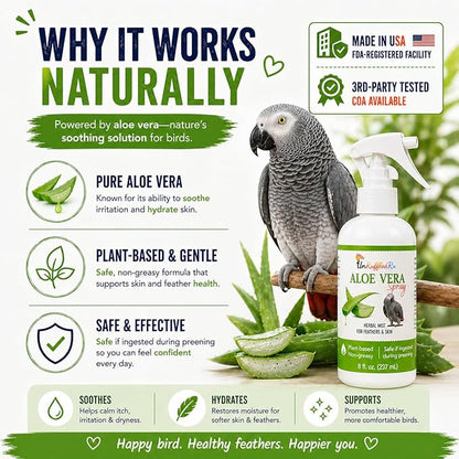UnRuffledRx Aloe Vera Bird Spray for All Birds – Soothes Itchy Skin & Feather Plucking – 8oz Odor-Free Mist, Safe if Ingested, Daily Use Bird Mist, Softens Feathers, Natural Formula – Made in USA
