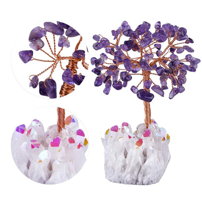 TUMBEELLUWA Healing Crystal Stone Money Tree with White AB Crystal Base Tumbled Stones Bonsai Home & Office Feng Shui Decor for Good Luck and Wealth, Amethyst