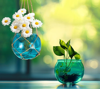 SAILINGSTORY Hanging Glass Plant Terrarium 5" Glass Planter Propagation Stations Flower Vase Blue and Teal Set of 2 Pack