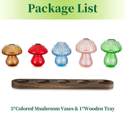 Glass Propagation Station for Plant: Mushroom Planter with Wooden Stand for Home Office Decor - Unique Propagation Jars for Plant Lovers - Set of 5 Hydroponic Mushroom Vases Gift for Mom