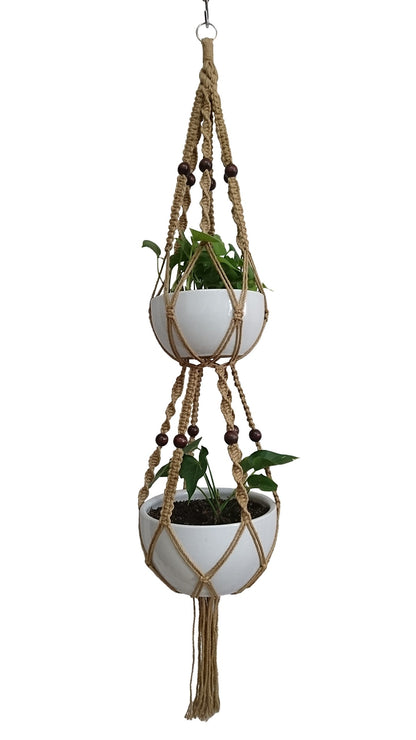 6 Legs Macrame Plant Hanger Natural Hemp Rope Plant Hangers with 12 pcs Round Wood Bead, 65-inches Length for 10" Pot (Without White Pot and Plant) (Brown)