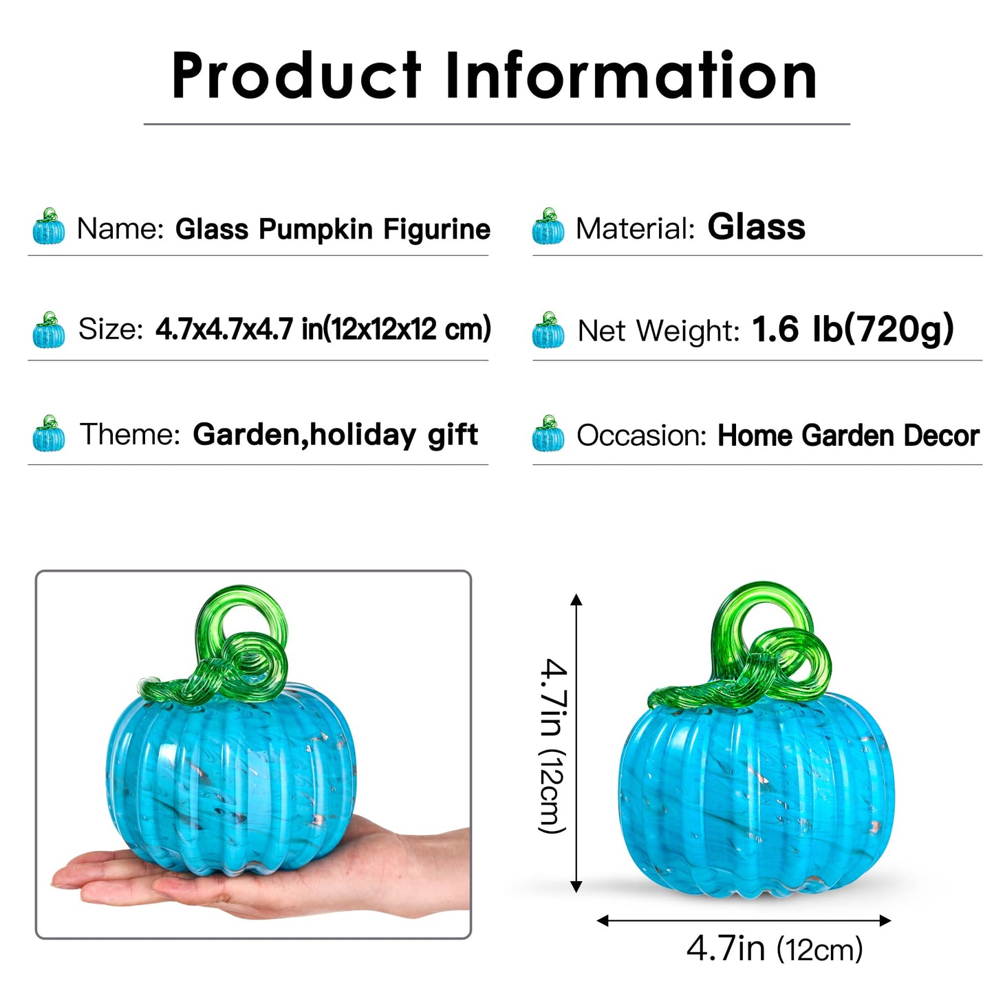 Hand Blown Art Glass Pumpkin Collectible Figurines, Glass Pumpkin Paperweight, Thanksgiving Halloween Gifts Decor, Home Decoration, Office Decoration. (Blue)