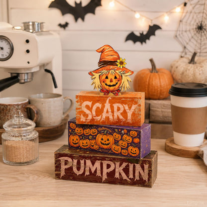 4 Pcs Halloween Table Decor Wooden Scarecrow Tiered Tray Decorations Rustic Farmhouse Tabletop Centerpiece Scary Pumpkin Wood Block Signs for Home Kitchen Shelf Mantel Office Desk