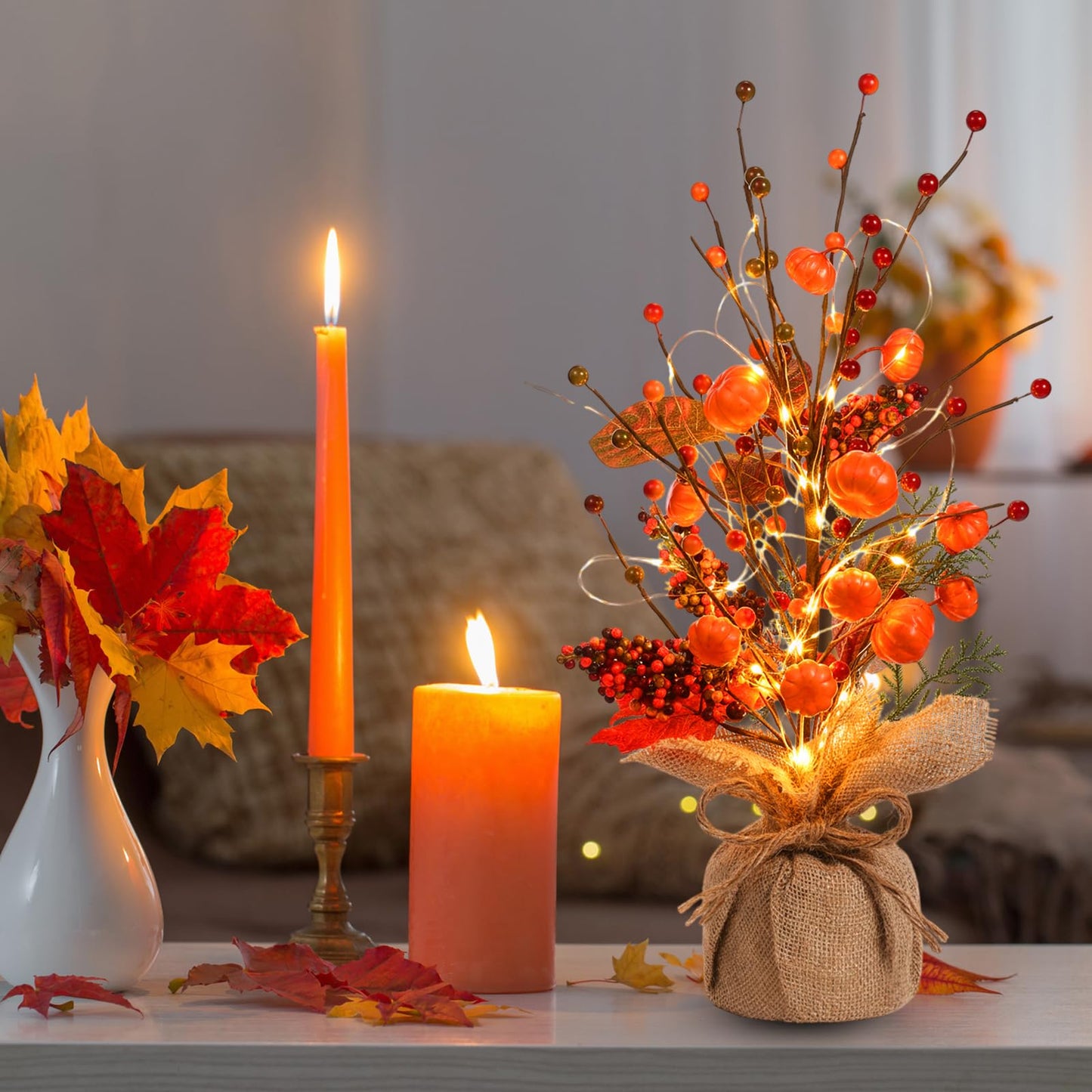 Pinkunn Fall Centerpieces for Tables Decorations 16 Inch Lighted LED Autumn Tree Top with Artificial Pumpkins Berries Leaf Burlap Base Thanksgiving Fall Decor for Home Harvest Office Desk Indoor